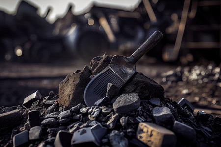 close-up of broken coal with mining tools in the background, created with generative aiの素材
