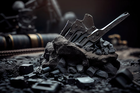close-up of broken coal with mining tools in the background, created with generative aiの素材