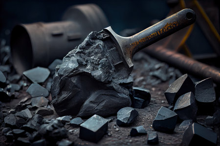 close-up of broken coal with mining tools in the background, created with generative aiの素材
