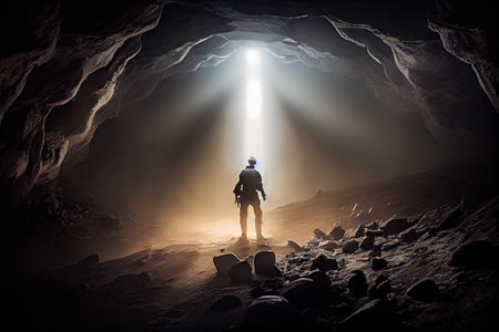 someone inspecting the depths of a coal mine, with beams of light shining down from above, created with generative aiの素材