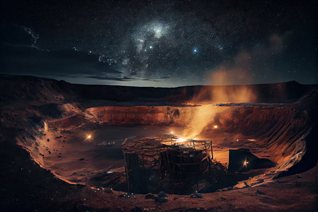 mining pit with view of the night sky, stars shining overhead, created with generative aiの素材