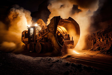 mining equipment bursting into flames in underground mine, with smoke and flames visible, created with generative aiの素材