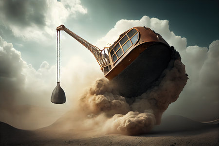 mining shovel suspended in the air, surrounded by clouds of dust, created with generative aiの素材