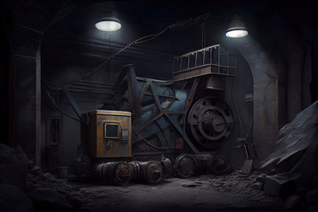 coal seam and mining equipment hidden in the shadows of a dark room, created with generative aiの素材