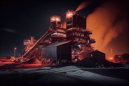 double exposure of coal mining facility, with bright lights and equipment visible in the background, created with generative aiの素材