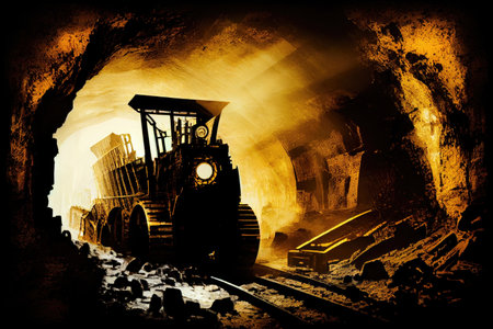 mining tunnel with double exposure of coal and the mining equipment, created with generative aiの素材