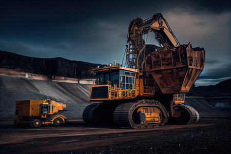 mining equipment and excavator parked next to a towering coal pile, created with generative aiの素材