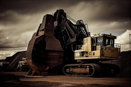 mining equipment and excavator parked next to a towering coal pile, created with generative aiの素材