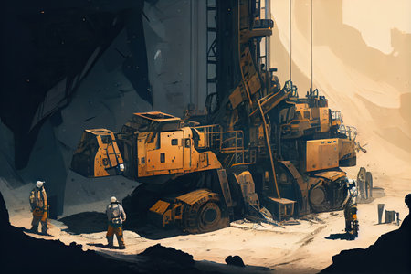modern mining equipment and personnel during the extraction process, created with generative aiの素材