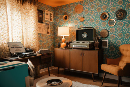 retro room with typewriter, record player, and vinyl records, created with generative aiの素材