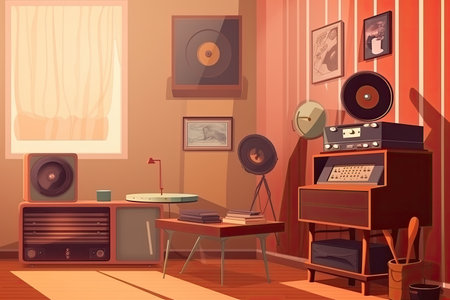 retro room with record player, vinyl records and vintage poster, created with generative aiの素材