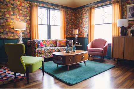 retro room with vintage furniture, bold patterns, and pop of color, created with generative aiの素材