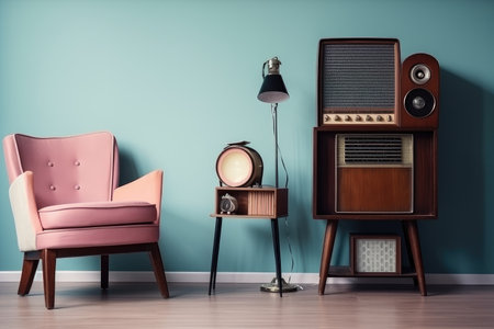 retro room with cozy armchair, bookshelf, and vintage radio, created with generative aiの素材