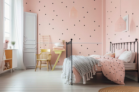 cozy retro bedroom, with pastel walls, polka dot bedding and vintage accessories, created with generative aiの素材