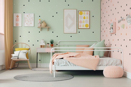 cozy retro bedroom, with pastel walls, polka dot bedding and vintage accessories, created with generative aiの素材