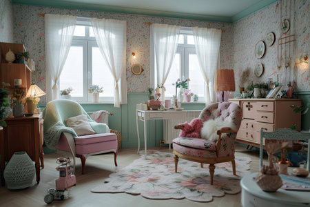 cozy retro room with pastel tones, floral accents and vintage furniture, created with generative aiの素材