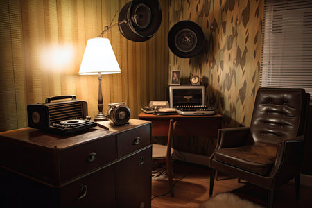 retro room with vinyl records, typewriter, and rotary phone, created with generative aiの素材