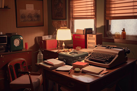 cozy retro room with typewriter, rotary phone, and stack of paper on desk, created with generative aiの素材