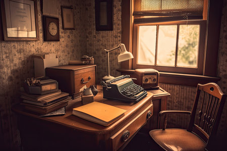 cozy retro room with typewriter, rotary phone, and stack of paper on desk, created with generative aiの素材