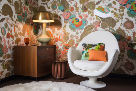 retro room with bold wallpaper, comfy armchair and colorful pillows, created with generative aiの素材