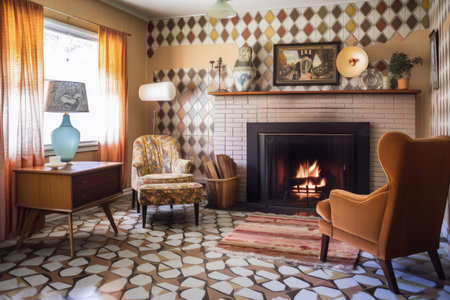 retro style room with cozy fireplace, patterned rug, and vintage furnishings, created with generative aiの素材