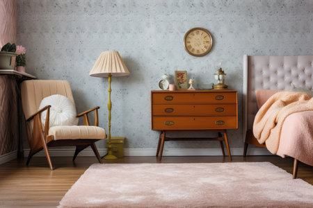 retro bedroom with plush carpet, vintage wallpaper, and cozy armchair, created with generative aiの素材
