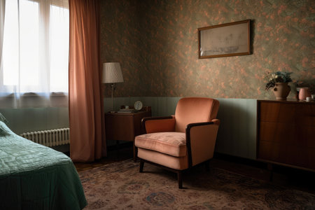 retro bedroom with plush carpet, vintage wallpaper, and cozy armchair, created with generative aiの素材