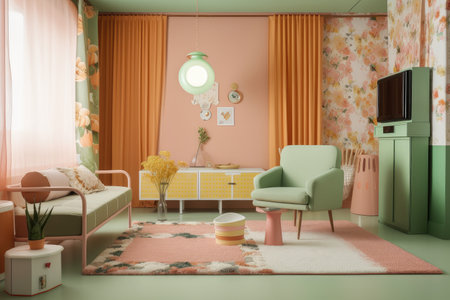 retro room with warm and cozy design, featuring pastel colors and floral patterns, created with generative aiの素材