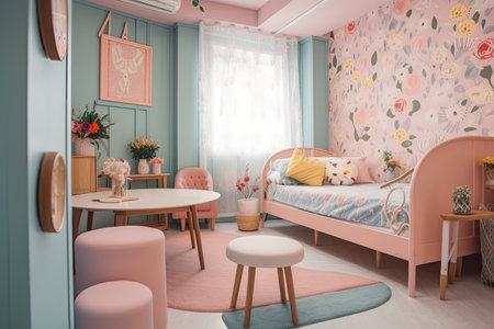 retro room with warm and cozy design, featuring pastel colors and floral patterns, created with generative aiの素材