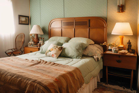 retro bedroom with wooden headboard, fluffy pillows, and vintage accessories, created with generative aiの素材