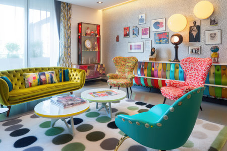room filled with retro furniture and pop art, bringing together vintage style with modern flair, created with generative aiの素材