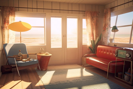 cozy retro room with view of the beach, sun shining on the waves, created with generative aiの素材