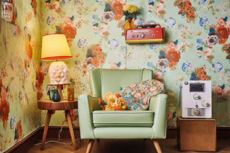 retro room with vintage wallpaper, floral-patterned armchair & retro accessories, created with generative aiの素材