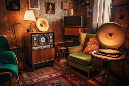 retro room with vintage record player, colorful records, and cozy armchair, created with generative aiの素材