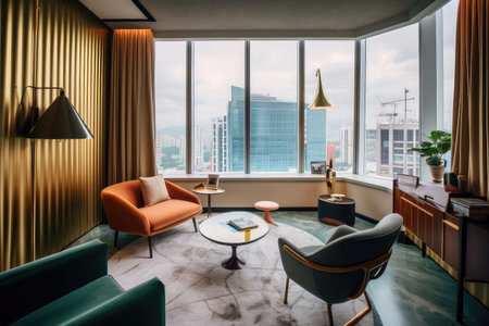 retro room with a view of modern cityscape, featuring sleek architecture and towering buildings, created with generative aiの素材