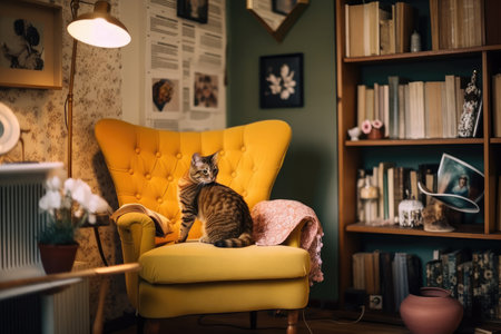 cozy retro room with plush armchair, vintage magazines and cuddly cat, created with generative aiの素材