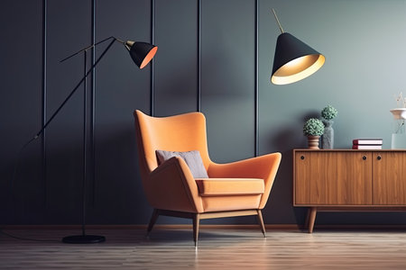 retro room with stylish and modern furniture, oversized chair, and floor lamp, created with generative aiの素材