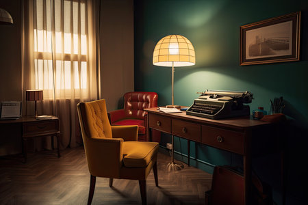retro room with typewriter on desk, lamp and chic armchair, created with generative aiの素材