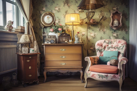 retro room with classic furniture, shabby chic decor, and vintage accessories, created with generative aiの素材