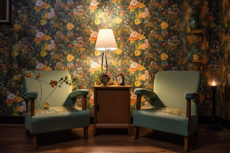 retro room with comfortable armchairs, vintage lamps and floral wallpaper, created with generative aiの素材