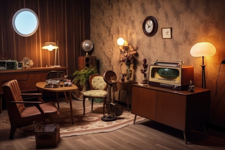 retro room with high-tech gadgets and vintage furniture, created with generative aiの素材