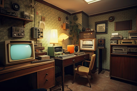 retro room with high-tech gadgets and vintage furniture, created with generative aiの素材