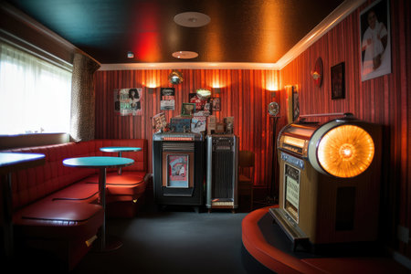 retro diner room with jukebox, vinyl records and vintage furniture, created with generative aiの素材