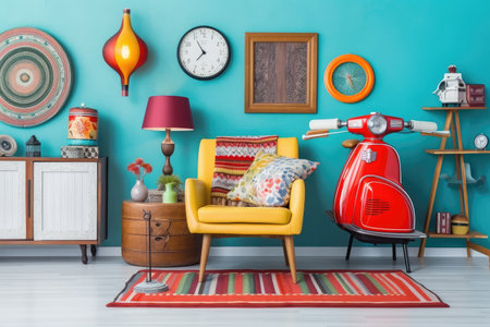 retro room with colorful vintage and retro decor, created with generative aiの素材
