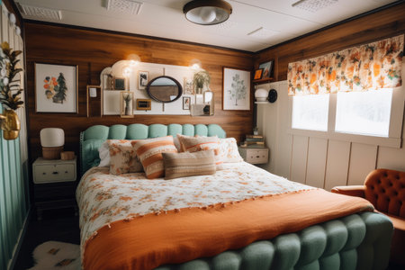 retro room with fluffy bed and cute throw pillows for ultimate cozy retreat, created with generative aiの素材
