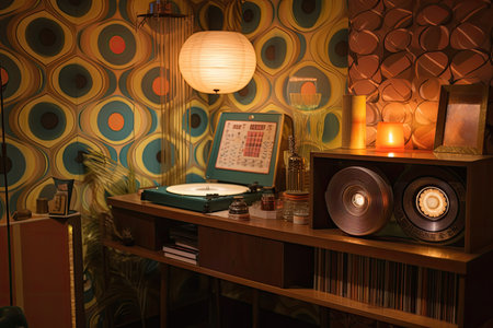 retro room with vintage record player, vinyl records and lava lamp, created with generative aiの素材
