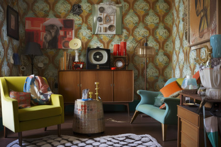 retro room with vintage furniture, bold patterns, and quirky accessories, created with generative aiの素材