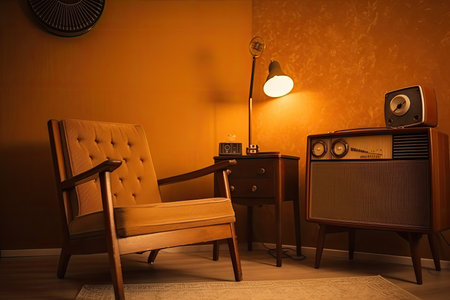 retro room with cozy lounge chair and vintage radio for listening to music, created with generative aiの素材