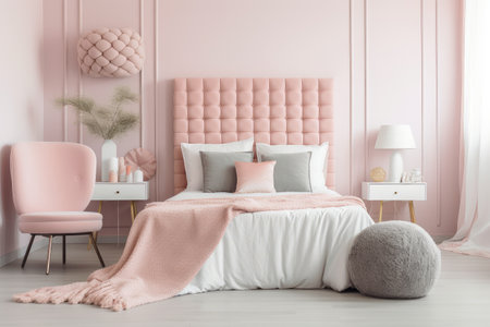 retro bedroom with pastel colors, upholstered headboard, and fluffy pillows, created with generative aiの素材