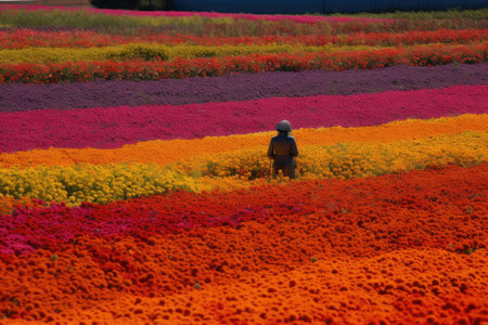 astronaut hones in on colorful flower field with camera, created with generative aiの素材